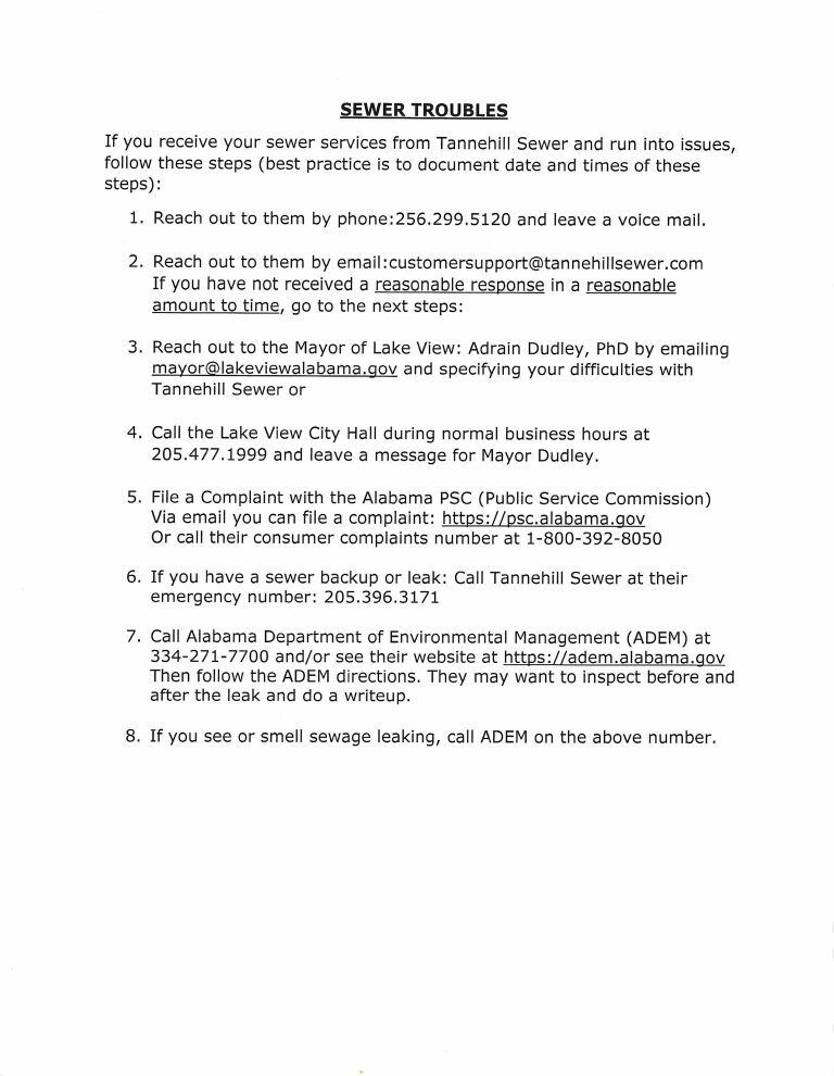 General Utility Services Corporation of Lake View Alabama Sewer troubles instructions