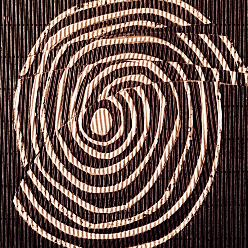 FADENSPIRALE, 1998, Intarsie aus Wellpappe, geschnitten und geklebt, 20x20cm