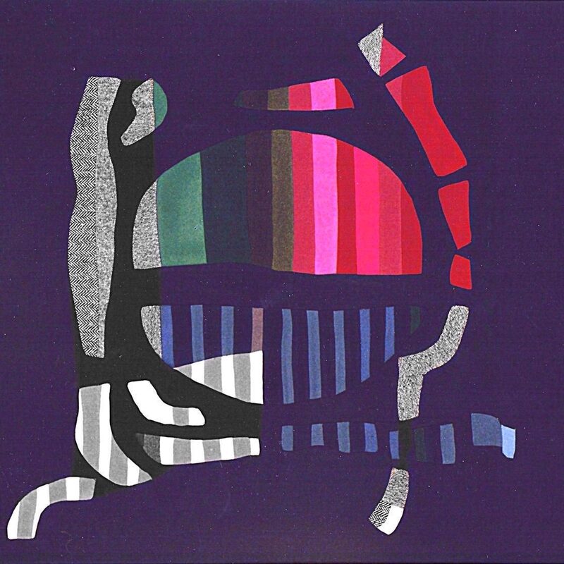 TEXTILE INTARSIE IN BLAU MIT ROT, GRÜN, WEIß, 1993, Wollstoff, genäht, 109x115cm