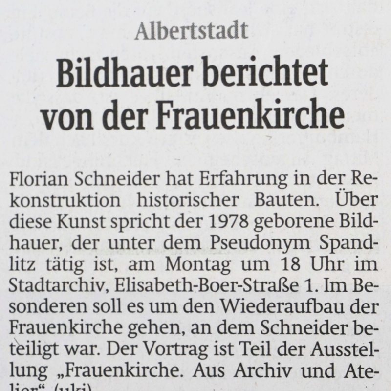 SZ, 3.September 2015, Bildhauer berichtet von Frauenkirche
