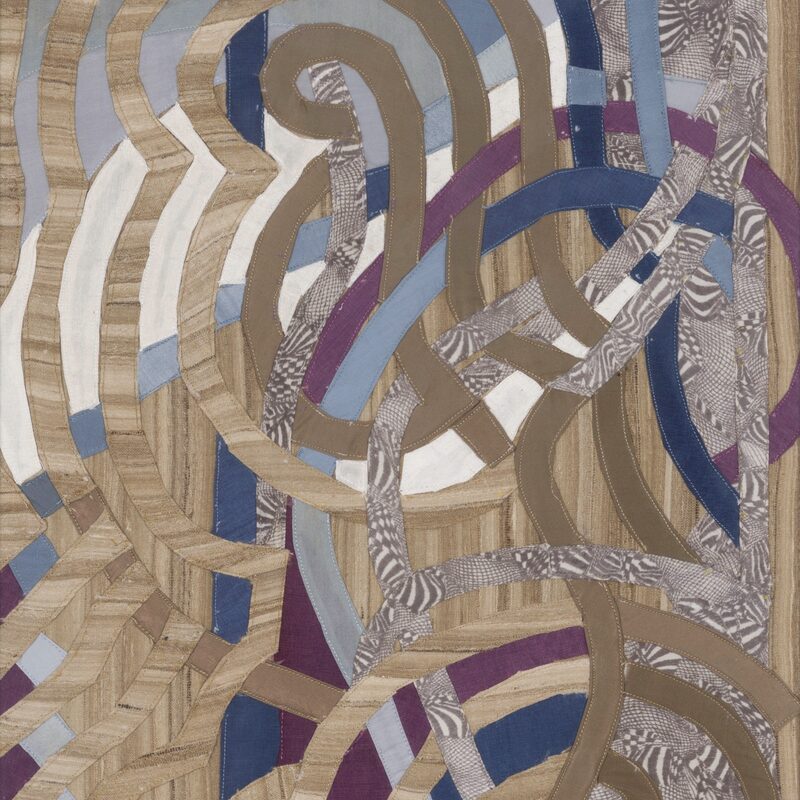 VERSCHLUNGENES 2, 1992, Applikation auf gestreifter Seide, genäht, 48x36cm