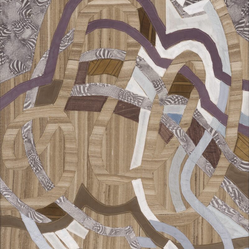 VERSCHLUNGENES 1, 1992, Applikation auf gestreifter Seide, genäht, 48x36cm