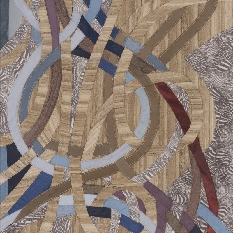 VERSCHLUNGENES 3, 1992, Applikation auf gestreifter Seide, genäht, 48x36cm