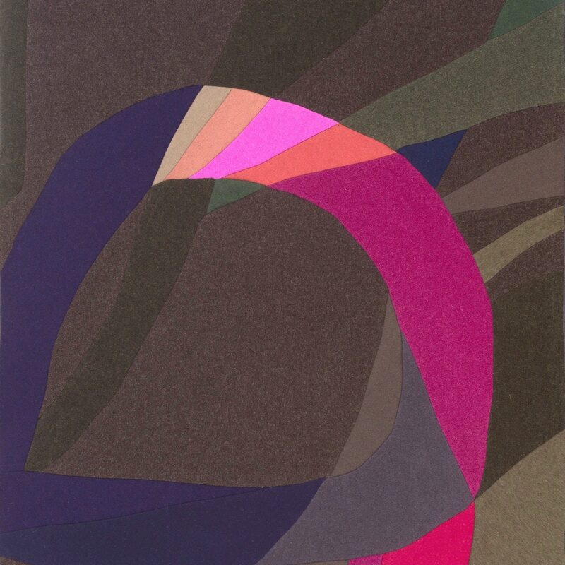 TEXTILE INTARSIE IN BRAUN MIT ROT, GRÜN UND BLAU, 1994, Wollstoff, genäht, 103x84cm