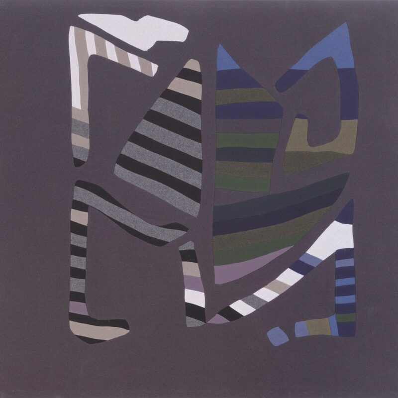 TEXTILE INTARSIE IN GRAU MIT BLAU, WEIß UND GRÜN, 1993, Wollstoff, genäht, 105x115cm