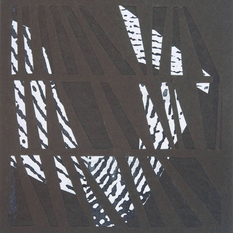 VORWIEGEND SCHWARZ 2, 2004, Collage aus eigenen bedruckten Papieren auf Crash-Papier, geschnitten und geklebt, 50x50cm