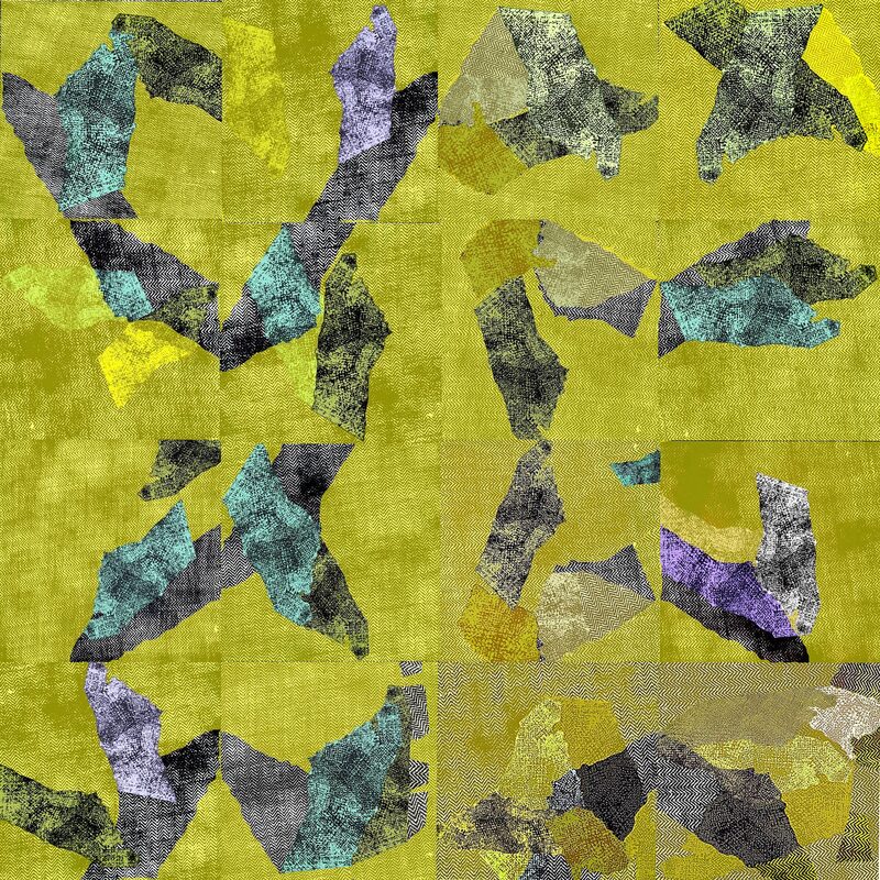 FANTASIEFORMEN AUF GELB-GRÜNEM KÖPER 3, 2023, Foto-Druck auf Alu-Dibond, 100x100cm