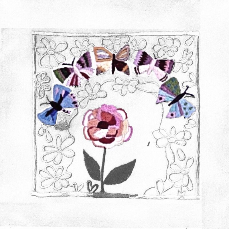 SCHMETTERLINGE, Maschinenstickerei 1985, 30x30 cm