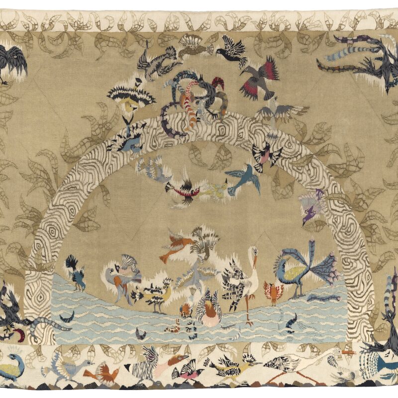 "WER SICH MIT FREMDEN FEDERN SCHMÜCKT...", 1974, Fabelteppich, gewebt, 150x260cm