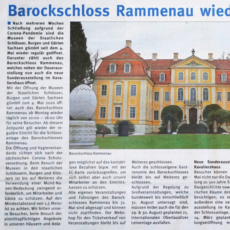 Mitteilungsblatt Ausgabe Radeberg, 16. Mai 2020, Barockschloss Rammenau wieder geöffnet