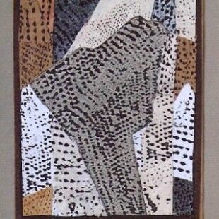 KLEINE COLLAGE AUS MIT EIGENEN MOTIVEN AM PC BEDRUCKTEN PAPIEREN, 2004, 14x17cm