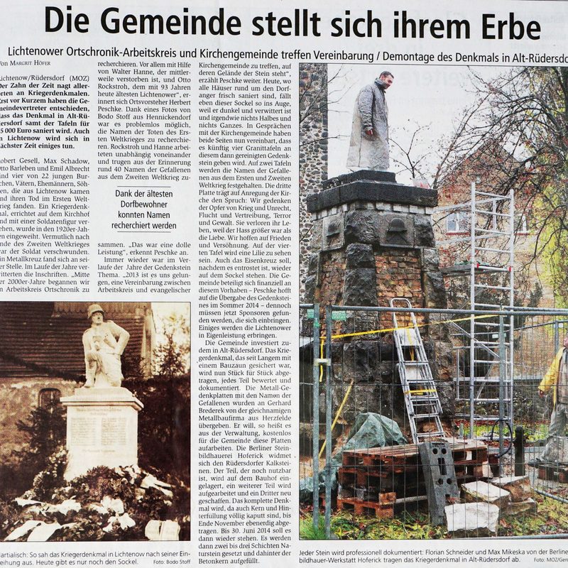 MOZ, 22.November 2013, Die Gemeinde stellt sich ihrem Erbe, Restaurierung des Kriegerdenkmal
Rüdersdorf bei Berlin