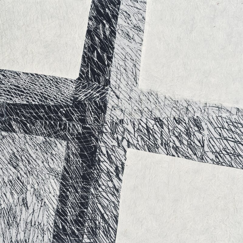 SCHWARZ-WEiß-GESTREIFT 1, 2002, Collage aus Schraffur-Stoff auf Crash-Papier, aufgebügelt, 35x35cm