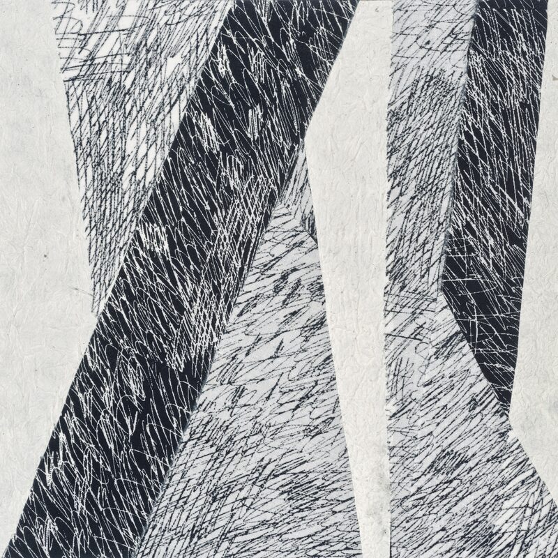 SCHWARZ-WEiß-GESTREIFT 3, 2002, Collage aus Schraffur-Stoff auf Crash-Papier, aufgebügelt, 35x35cm