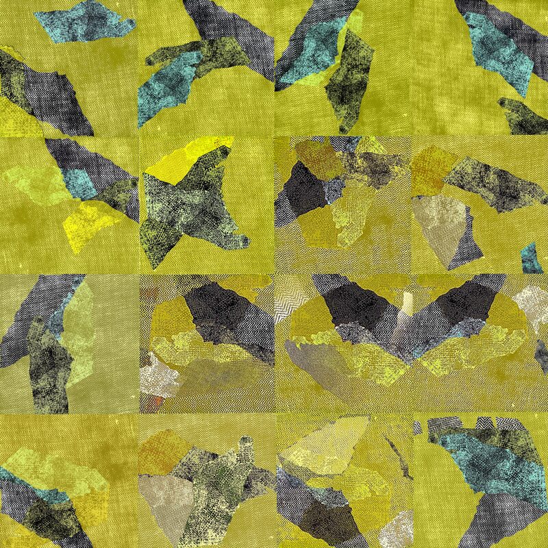 FANTASIEFORMEN AUF GELB-GRÜNEM KÖPER 2, 2023, Foto-Druck auf Alu-Dibond, 100x100cm