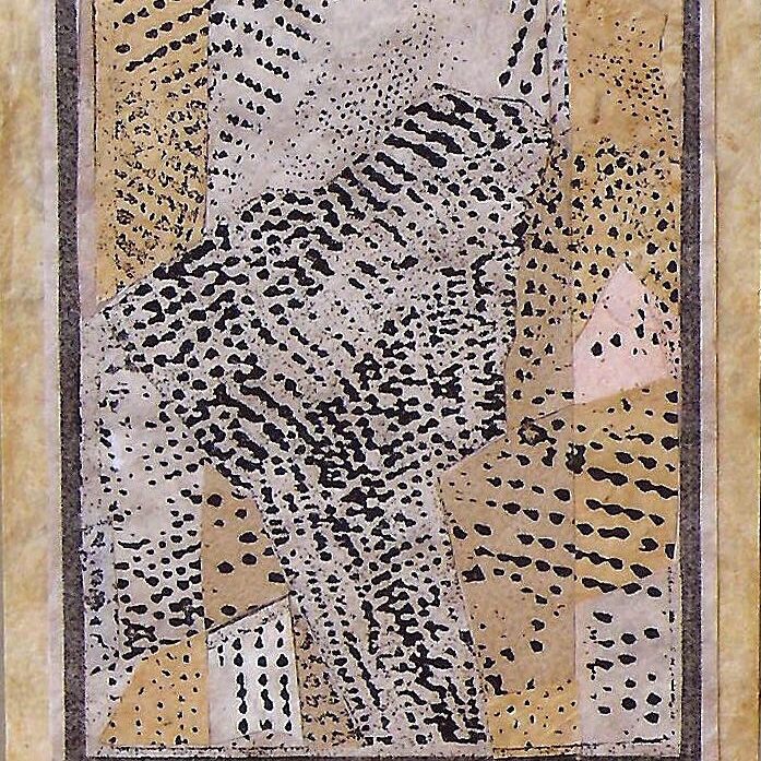 KLEINE COLLAGE AUS MIT EIGENEN MOTIVEN AM PC BEDRUCKTEN PAPIEREN, 2004, 14x17cm