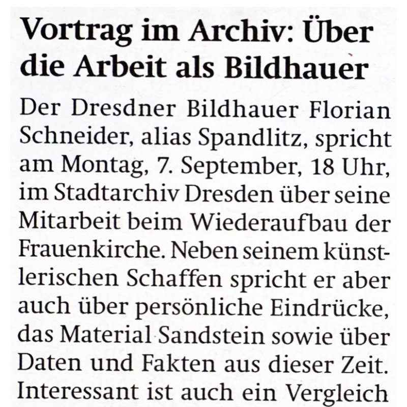 Septemberausgabe 2015, Amtsblatt Dresden, Vortrag über Arbeit als Bildhauer der Dresdner Frauenkirche

