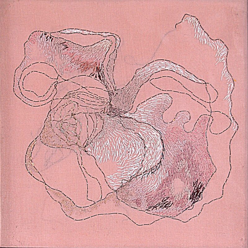 STICKEREI MIT SILBERFADEN 1, Stickerei auf rosa Grund, 13,5cmx13,5cm