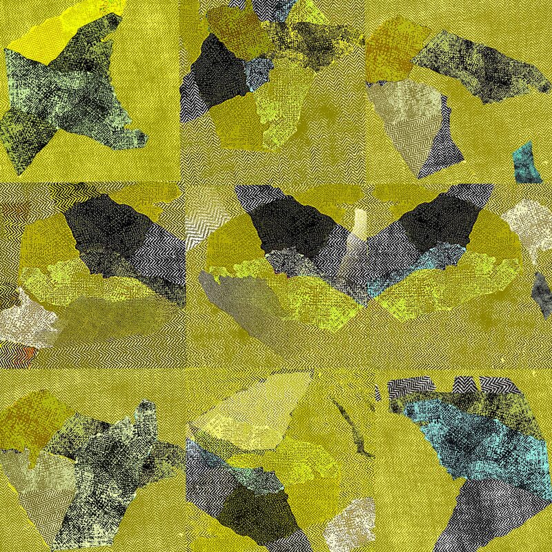 FANTASIEFORMEN AUF GELB-GRÜNEM KÖPER 1, 2023, Foto-Druck auf Alu-Dibond, 100x100cm