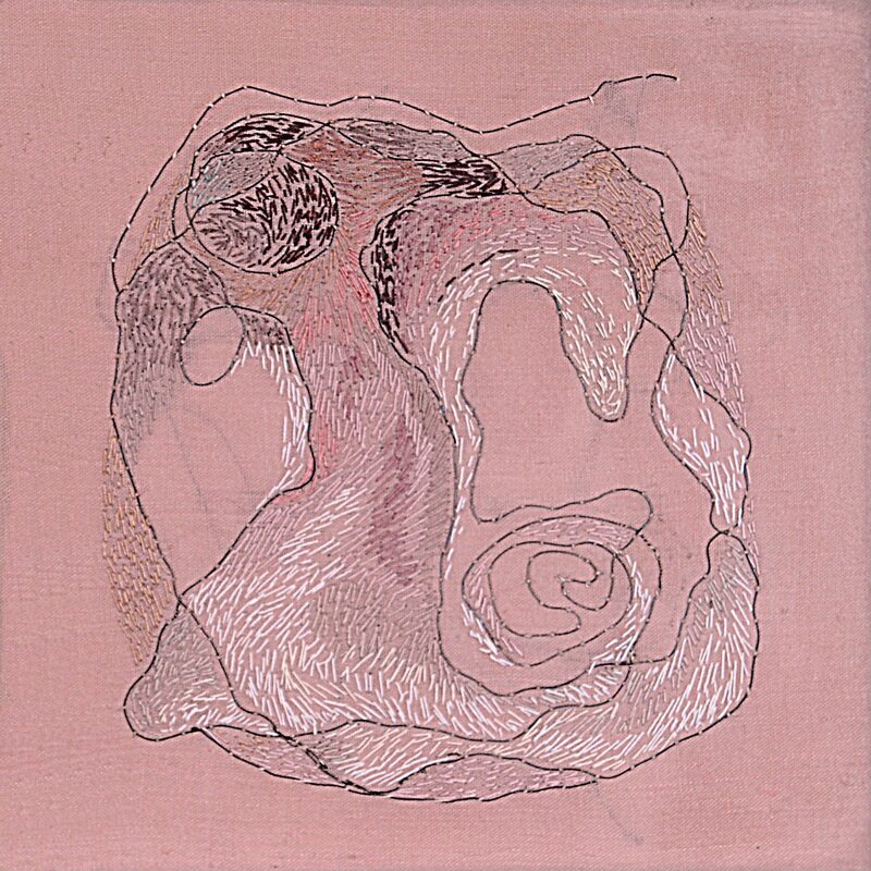 STICKEREI MIT SILBERFADEN 2, Stickerei auf rosa Grund, 13,5cmx13,5cm